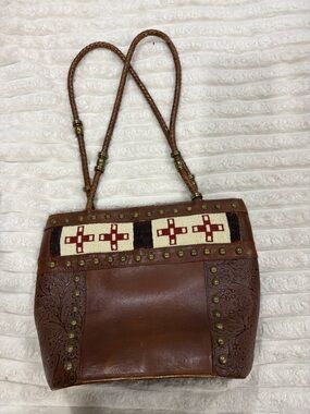 Brown and Cream Leather Shoulder Bag with Metallic Accents Western Style